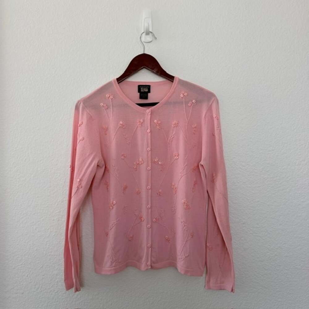 JaxSport Cardigan Pink Embroidered Floral Button Design Sweater Women M Vintage